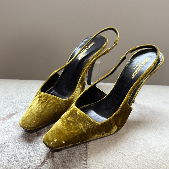 Saint Laurent Shoes - Saint Laurent Women's Velvet Slingback Heels - Mustard